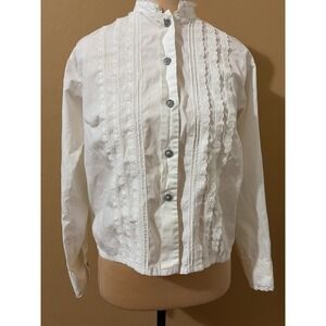 VTG  White Button Front Laced Blouse Top Women's Sz S CottageCore Praire Modest